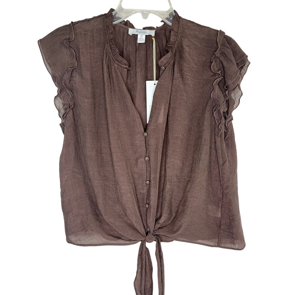 C By One linen blend semi sheer tie front button up top, brown, size L, NWT